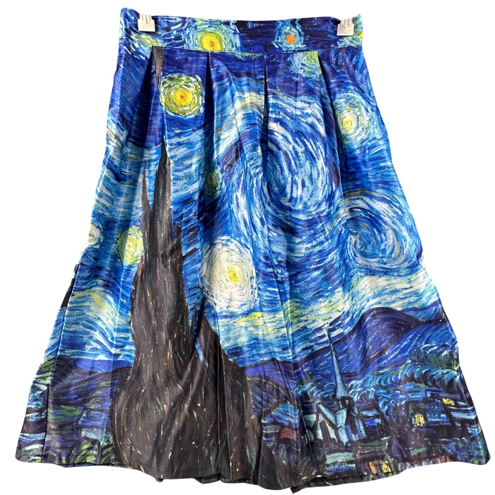 Starry Night Van Gogh Art Print Midi Skirt‎ Blue Yellow Pleated A-Line Waistband